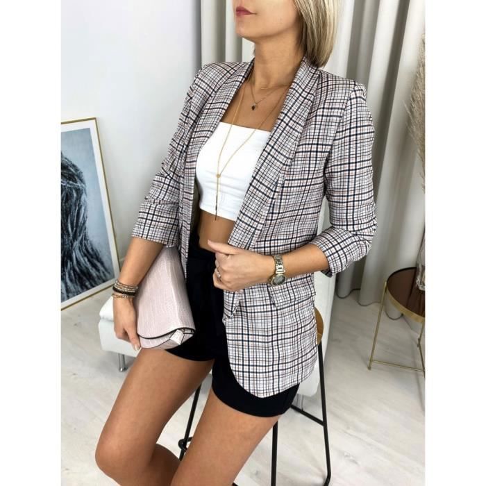 Veste Blazer ample a col rabattu pour femme veste a carreaux Vintage costume de bureau formel manches longues Gray D65314 Blanc Cdiscount Pret a Porter