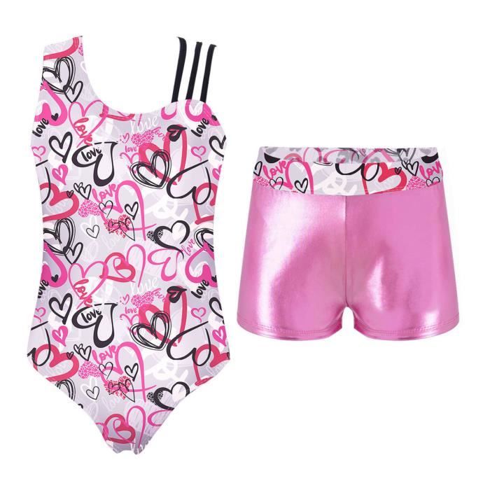 Ensemble Justaucorps + Short Pour Fille - Tenue De Gym, Danse Classique, Manches Longues, élastique - 12