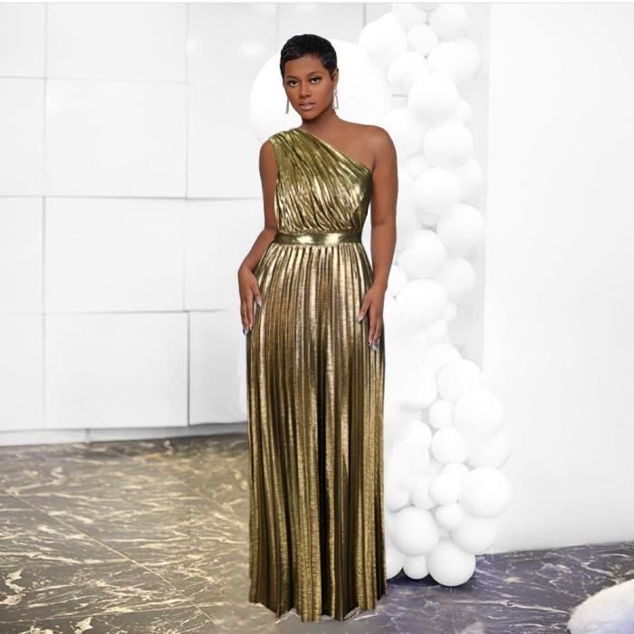 CRAZE Robes de soiree femmes soiree Maxi longue robe plissee metallique Sexy une epaule sans manches taille haute robes Or Cdiscount Pret a Porter