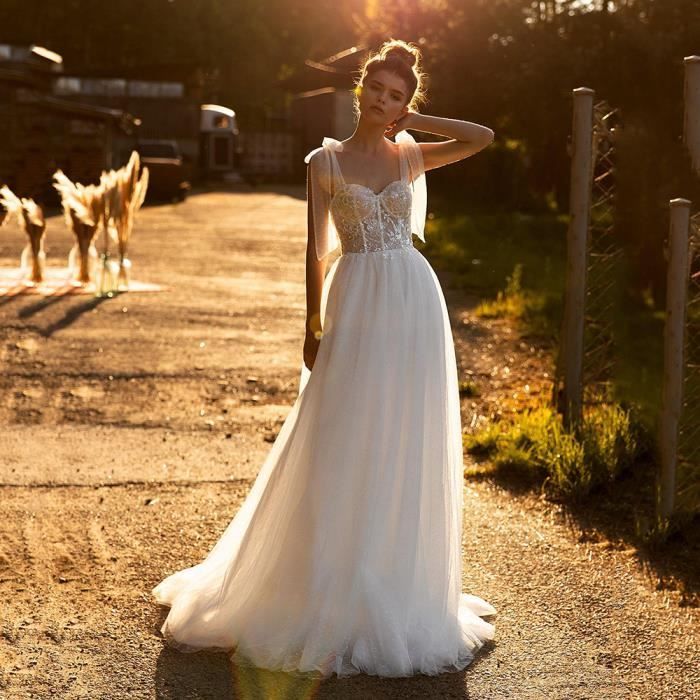 Robe De Mariee Boheme En Tulle A Pois Tenue De Mariage Elegante Ivoire Paillettes Decollete En C ur Des Appliques blanc Blanc Cdiscount Pret a Porter