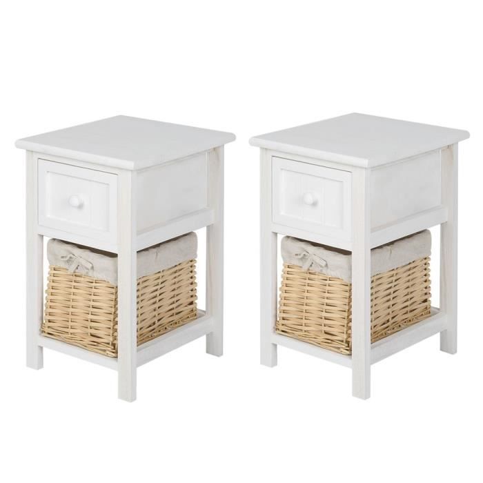 2 Table De Nuit En Bois Blanc Avec Tiroir Et Panier Concepts