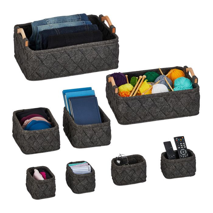 Relaxdays Panier de rangement 8 pièces 4 tailles différentes boîte en feutre pour l’armoire gris foncé