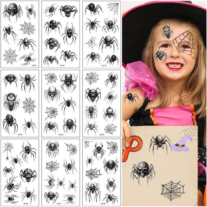 10 Feuilles Halloween Tatouages Temporaires, Halloween Araignée Tatouages Temporaires, Tatouage