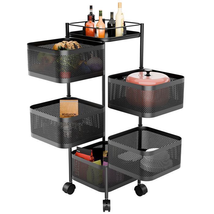 Desserte de Cuisine - SMALIBAL - Chariot à Roulettes - 5 Niveaux - Acier au Carbone - Noir