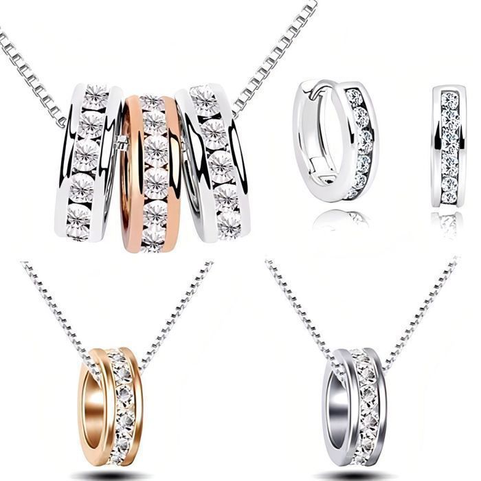 Parure Bijoux - Femme - Anneaux - Cristal - Autrichien - Blanc - Plaqué Or Blanc 750/1000 - 4 Pièces