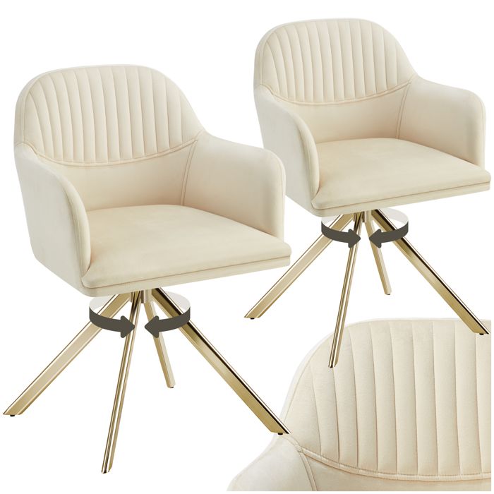 Chaise - TECTAKE - Lot de 2 fauteuils LONA pivotants avec rembourrage épais aspect velours 56 x 59 x 81 cm - Crème/Or