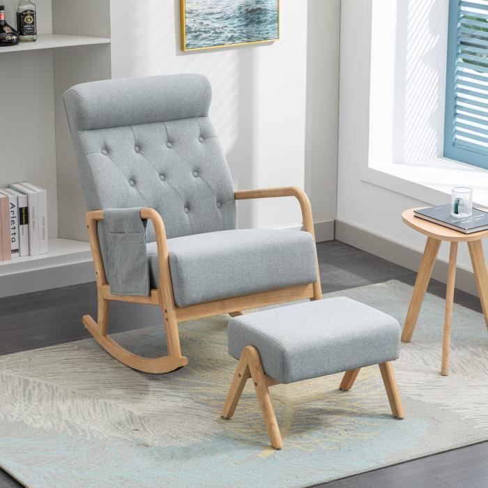 fauteuil - timpfee - rocking chair avec repose-pieds - rétro mid-century - rembourrage dossier haut - gris