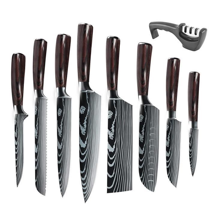 Set de 8 couteaux de chef à haute teneur en carbone en acier inoxydable, couteaux de chef ultratranchants avec pointeur