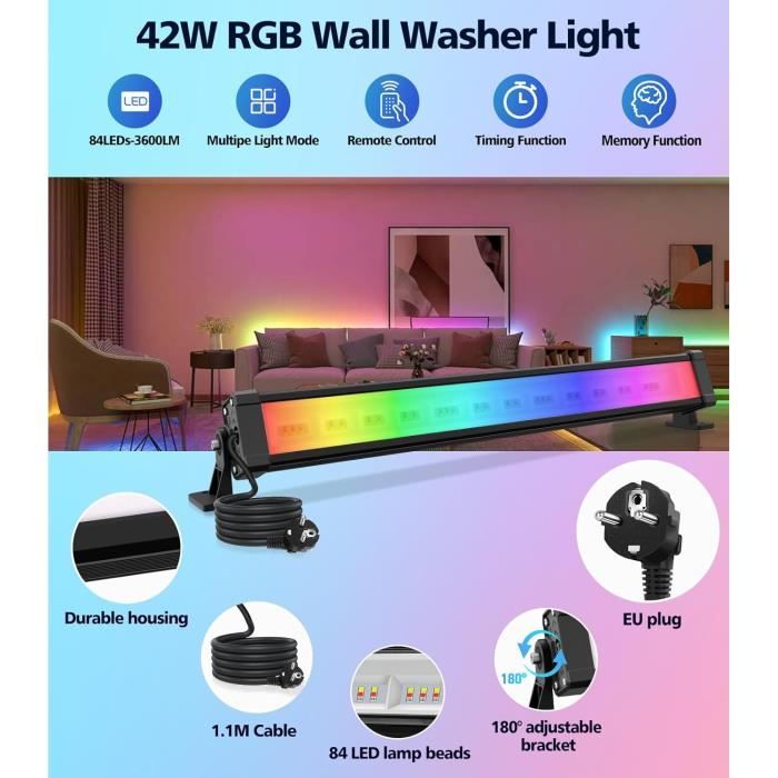 Projecteur RGB MEIHUA 42W - 2 Barres LED Extérieur, Télécommande, IP66, 10 Couleurs