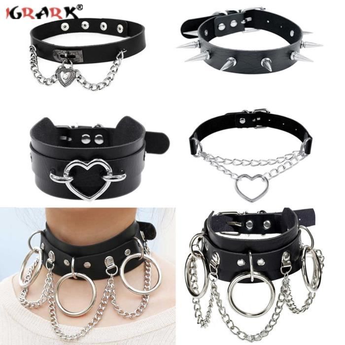 OhMill Collier Ras De Cou Punk Choker En Cuir PU Vintage Femme Collier