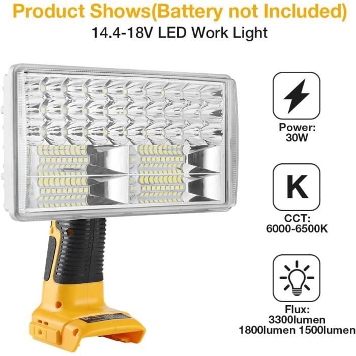 Hipoke 18V 2000LM Lampe de travail LED multifonctionnelle sans fil longue portée avec port USB compatible avec DeWalt 18V Lithium Lampe de poche extérieure pour chantier (sans batterie