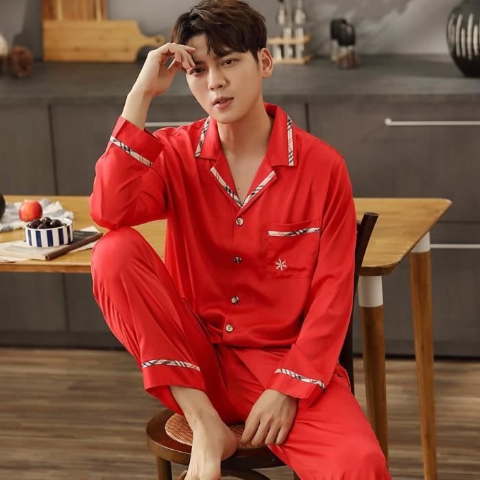 Pyjama Homme 2 Piece Ensemble de Vetement Simili Soie Rouge