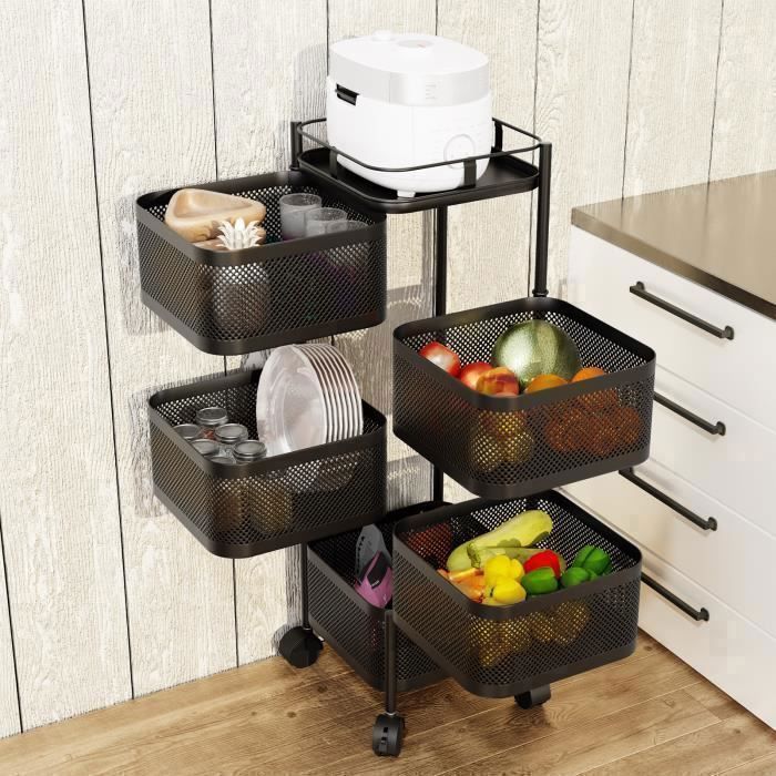 Tour De Rangement 5 étages Avec Roulettes – Corbeille Fruits Légumes Rotative – Blanc – Meuble Cuisine Salle De Bain – 88 Cm Hauteur