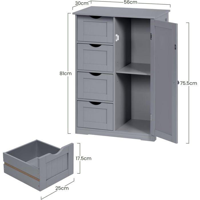 Meuble de Salle de Bains, Commode avec 4 Tiroirs et 2 Compartiments