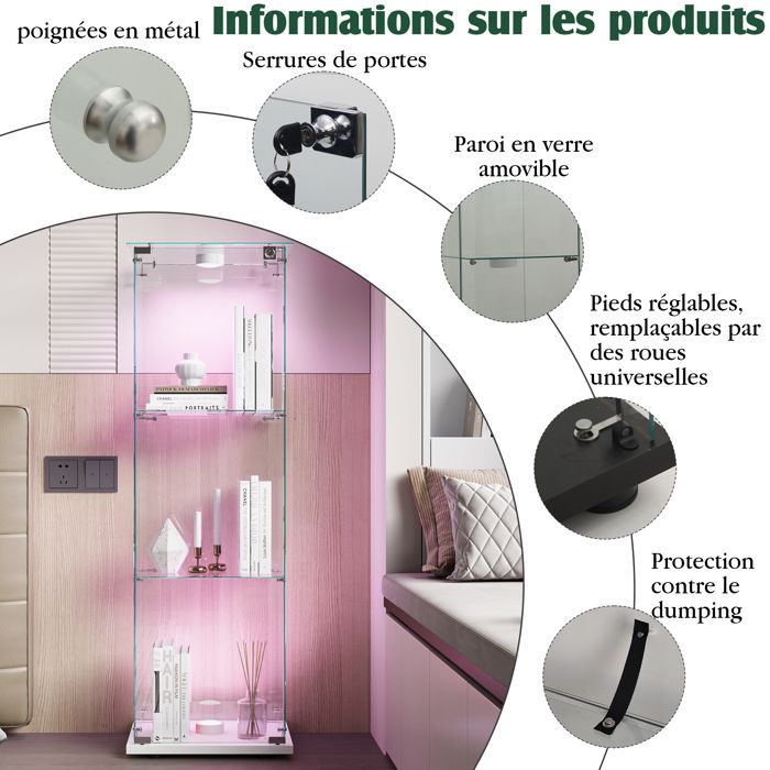 Vitrine en verre trempé blanc,meuble de collection transparent avec 1 ...