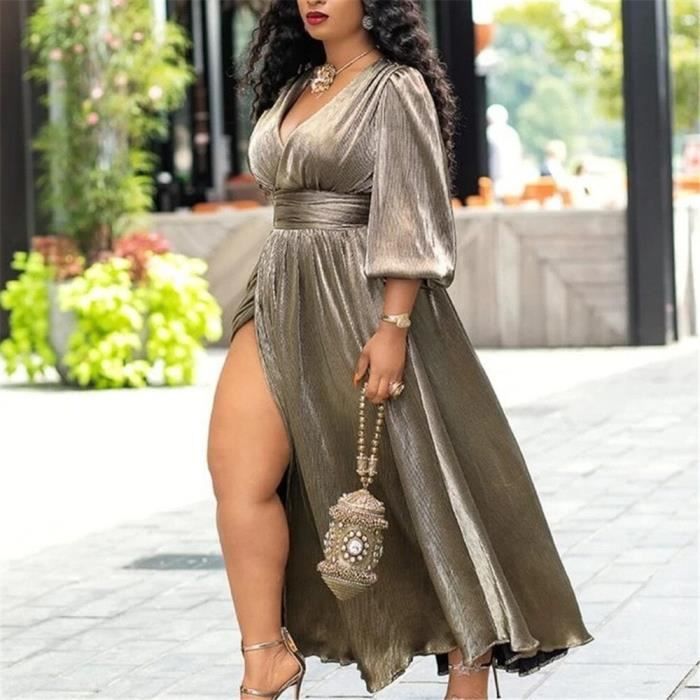 CRAZE Robes de soiree femmes soiree Maxi longue robe plissee metallique Sexy une epaule sans manches taille haute robes Or Cdiscount Pret a Porter
