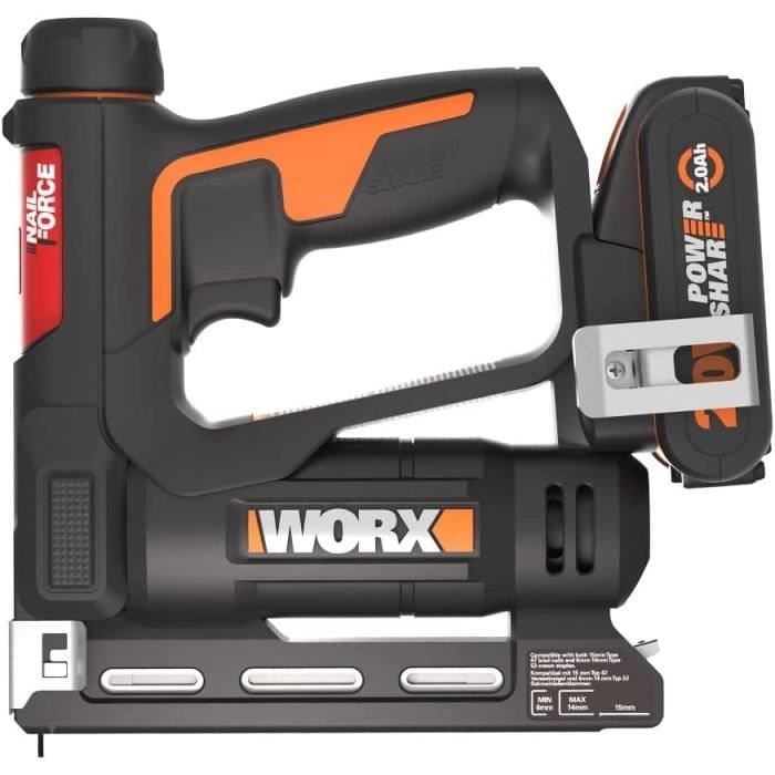 WORX WX843.9 Agrafeuse & Cloueuse De Finition Sans Fil 20V – 2 En 1 – Jusqu'à 60 Coups/min – Réglable Sans Outil – Idéal Bricolage Précis