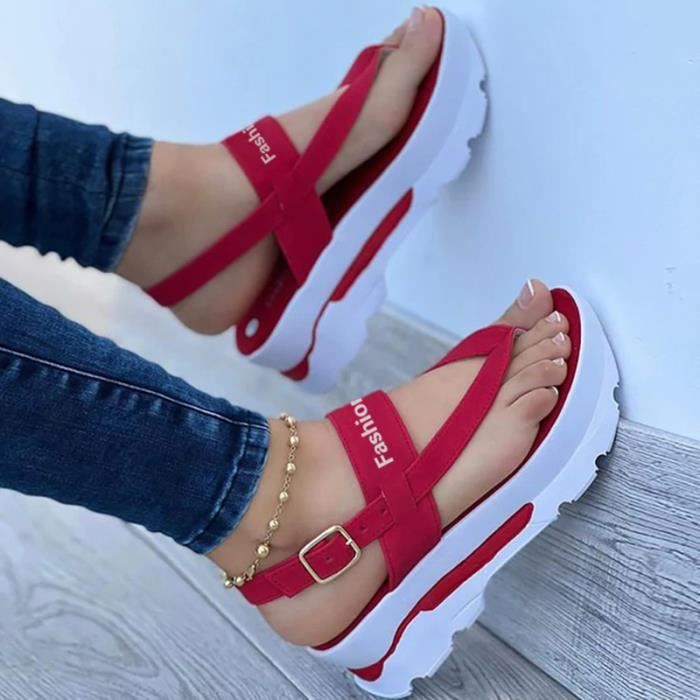 Sandales de Luxe Plateforme Femme Rouge Talons Compens s