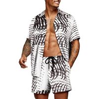Ensemble Survêtements Hawaiian Imprimé Homme Été T-Shirt à Manche Courte et Shorts 2 pièces Plage Casual Sportswear blanc -A