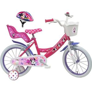 VÉLO ENFANT Vélo enfant Fille 16'' Minnie / Disney (taille enfant 100cm à 120cm) équipé de 2 freins, porte poupée, panier avant + Casque