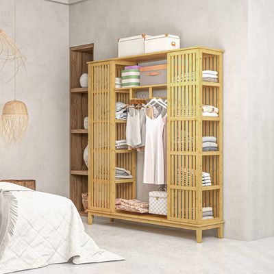 Armoire en bambou - AKOZON - 9777 - 2 portes coulissantes - Tringle 115 cm - Fini bois naturel