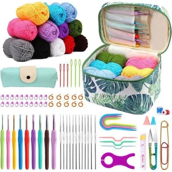 Kit Complet Crochet Débutant Katech - 71 Pièces - Crochets, Laine, Livre FR - Sac Rose - Idéal Pour Apprendre