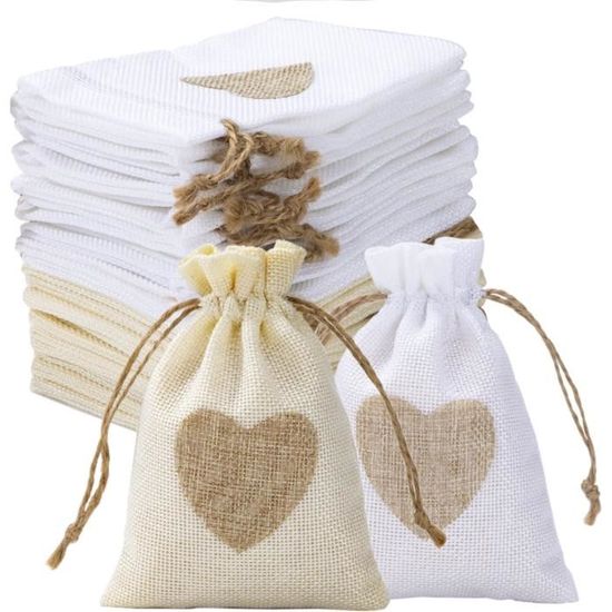 30 Dragees Toile de Jute, Pochon Jute 9x12cm, Petit Sac en Toile de Jute, Pochon tissu mariage
