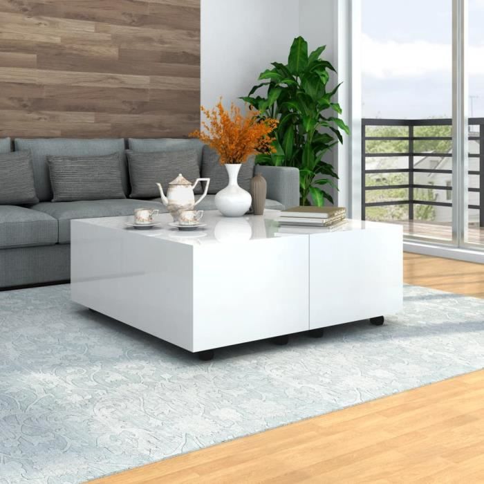 Table basse carrée style contemporain Blanc brillant 100 x 100 x 35 cm -XNAHB029