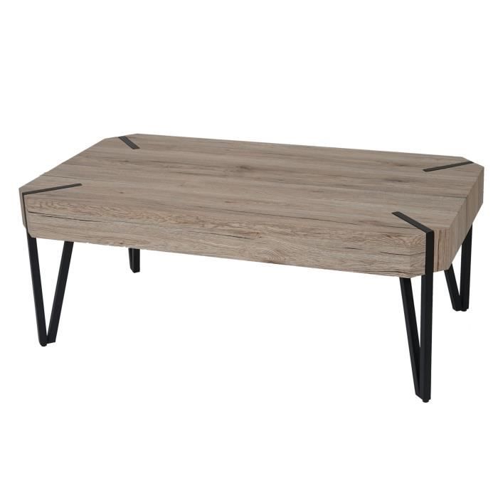Table basse de salon Kos T573, FSC 43x110x60cm optique chene Sanremo, pieds metalliques fonces