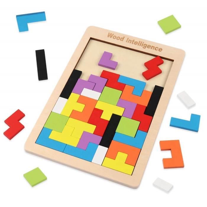 Coogam Bois Tetris Puzzle 40 Pcs Tangram Jigsaw Jouet Casse-tête pour Les Enfants Bois Puzzle Boîte Cerveau Jeu Bloc de Construct