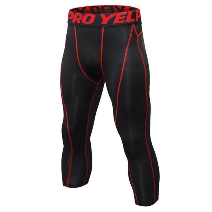 Homme Collant Running Fitness Pantalon de Compression 3-4 Capri Legging Sport Collants Baselayers Noir rouge S
