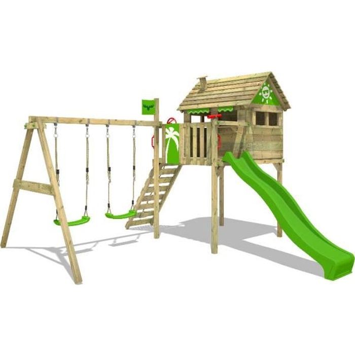 FATMOOSE Aire de jeux Portique bois FunFactory avec balançoire et toboggan vert pomme Maison enfant sur pilotis