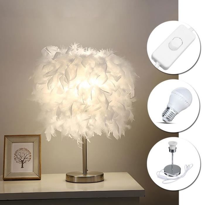220V Abat-jour Lampe de Table Plumes Élégant Lumière Chevet Chambre Bureau Eclairage Décor