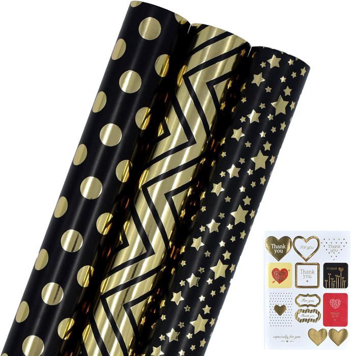 3 rotoli di carta regalo per compleanno, 43 cm x 3 m, riciclabile, carta da regalo lucida, ideale per compleanni, feste, matrimoni, baby shower e feste