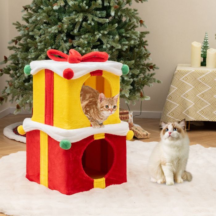 Comparer les prix de COSTWAY Arbre à Chat à 2 Niveaux de Noël, 2 Condos Empilables en Tissu Peluche, Combinaison DIY, Forme de Paquets Cadeaux avec Nœud