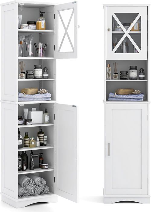 COSTWAY Meuble Colonne de Salle de Bain avec 5 Étagères Réglables Placards à Porte 2 Compartiments 40 x 30 x 170 cm Blanc
