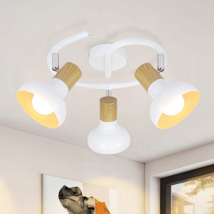 Plafonnier rétro NETTLIFE - 3 spots E14 orientables disque design en bois et métal blanc idéal pour le salon le couloir