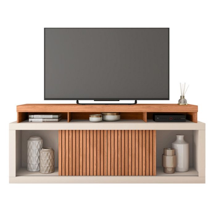 Meuble TV AEGON 180 cm pour TV 70 - imitation chêne & blanc 2 portes coulissantes 9 niches Meuble TV AEGON 180 cm pour TV 70 - imitation chêne & blanc 2 portes coulissantes 9 niches