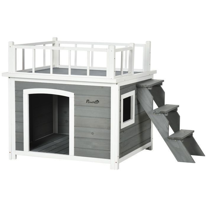 Meilleurs prix pour Maison pour chien Pawhut avec balcon et escalier petite niche avec fenêtre pour chiens de taille moyenne à grande.