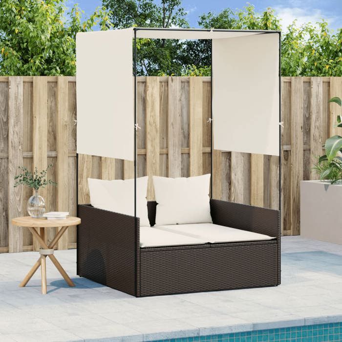 33861& Bains de soleil double avec toit et rideaux marron résine tressée - L118 x P110 x H187 cm - tissu 100 % polyester