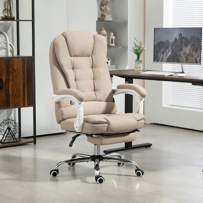 Fauteuil Manager Chaise de bureau avec repose-pied dossier inclinable et accoudoirs rembourrés lin Beige Fauteuil Manager Chaise de bureau avec repose-pied dossier inclinable et accoudoirs rembourrés lin Beige