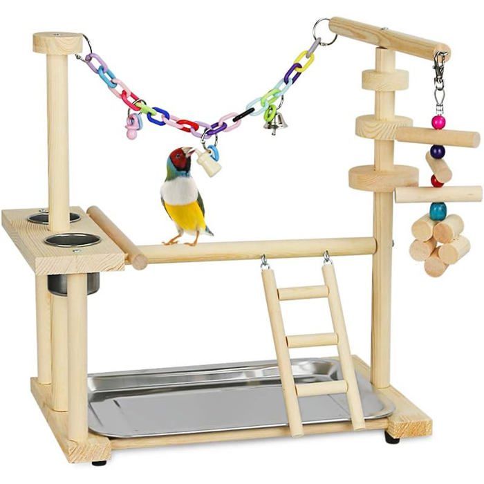 Meilleurs prix pour Cadre de jeu pour perroquets perchoir en bois et clôture de fitness avec échelle et mangeoire pour perruches et calopsittes.