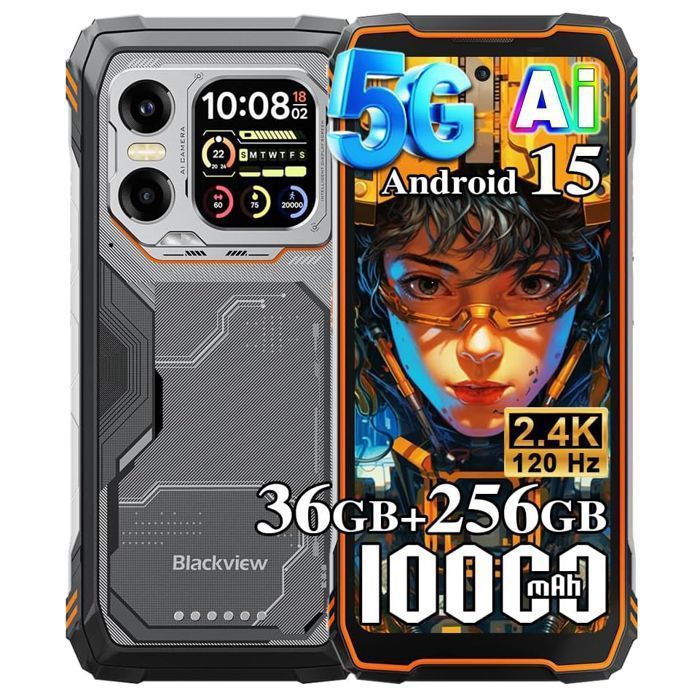 Blackview XPLORE X1 5G Téléphone Portable Incassable 10000mAh 36Go+256Go/2To Android 15 6.78 NFC/AI/Dual SIM - Orange