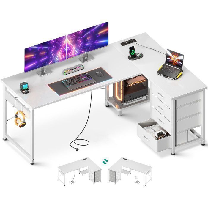 Bureau dAngle avec 4 Tiroirs Coleshome Bureau en L Réversible avec Prises/USB pour Domicile 155x110cm Blanc