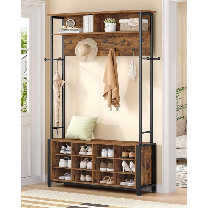 Porte-Manteau Meuble dEntrée avec Banc à Chaussures 14 Compartiments Ouverts13 Étagère108 x 31 x187 cmMarron Rustique et Noir