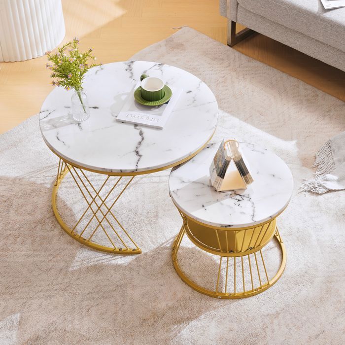 Table basse encastrable 70 x 70 x 45 + 45 x 45 x 40 cm(L x l x H) deux tables basses rondes blanc placage marbre cadre doré