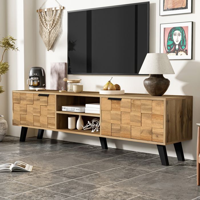 Meuble TV moderne avec 2 portes et 2 compartiments ouverts - Design épuré et rangement pratique pour salon Meuble TV moderne avec 2 portes et 2 compartiments ouverts - Design épuré et rangement pratique pour salon