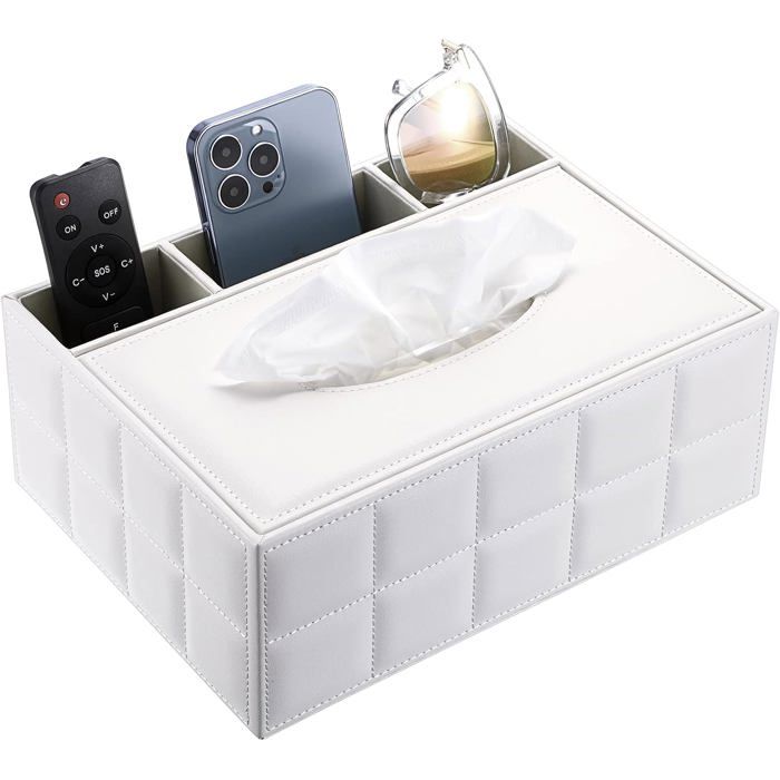 Boîte à mouchoirs rectangulaire en cuir PU pour la maison ou le bureau avec télécommande et rangement intégré