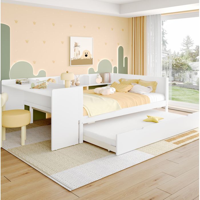 Maisentiel Lit combiné blanc 140 x 200 cm avec bureau 3 étagères et lit gigogne 90 x 190 cm
