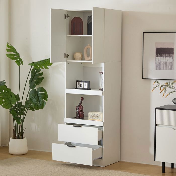 MODENUIT Armoire de cuisine 595x45x200 cm buffet de cuisine multifonction avec 2 portes 2 tiroirs 2 étagère coulissantes blanc